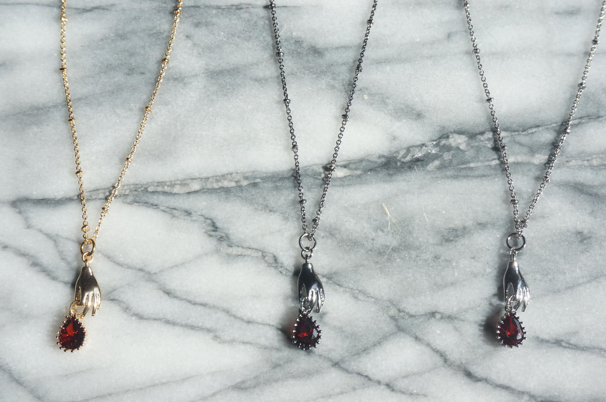 SCARLET Gold/Silver/Gunmetal Dainty Hand and Red Gem Necklace / Hand and Blood Drop Necklace