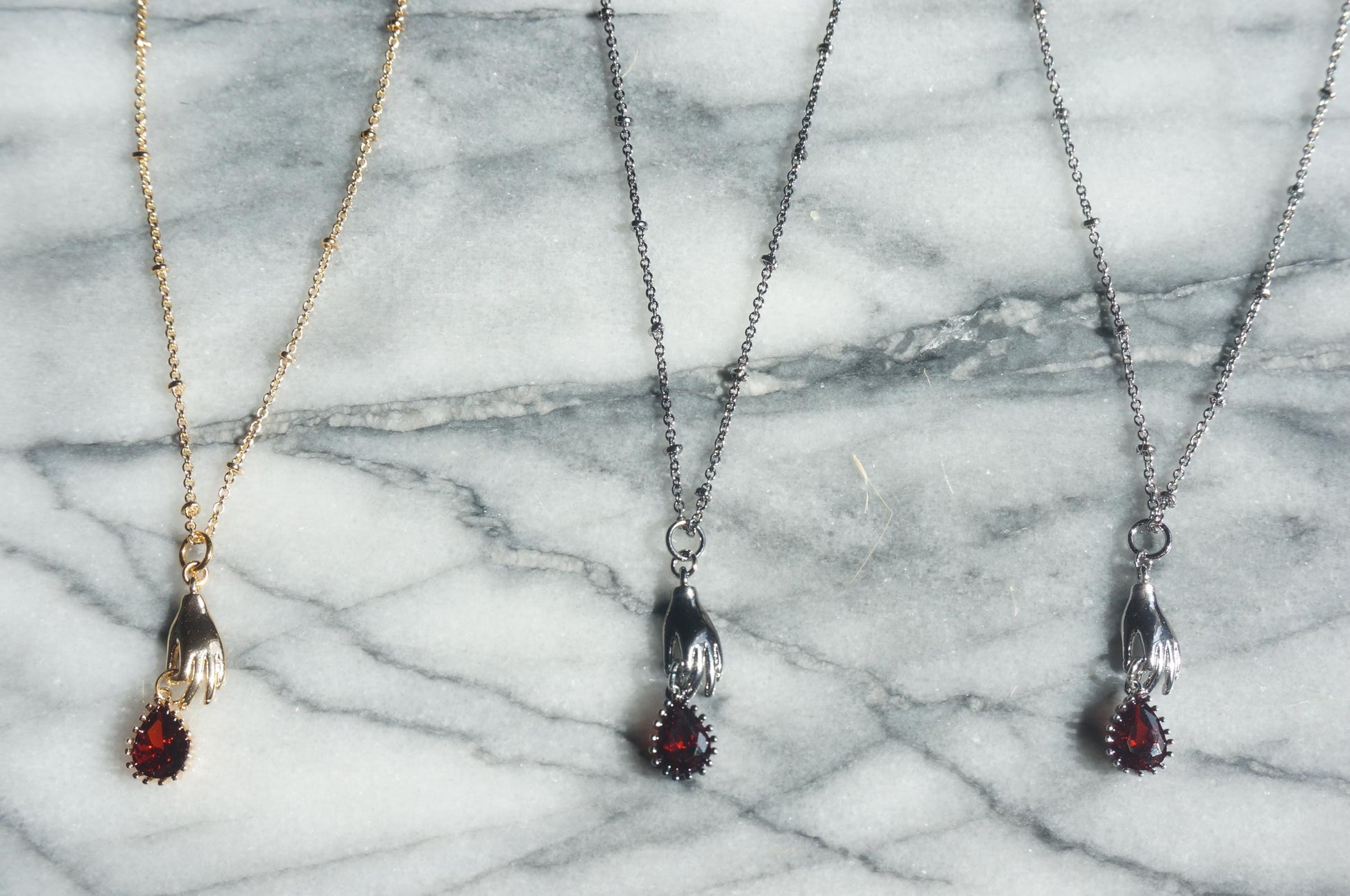 SCARLET Gold/Silver/Gunmetal Dainty Hand and Red Gem Necklace / Hand and Blood Drop Necklace