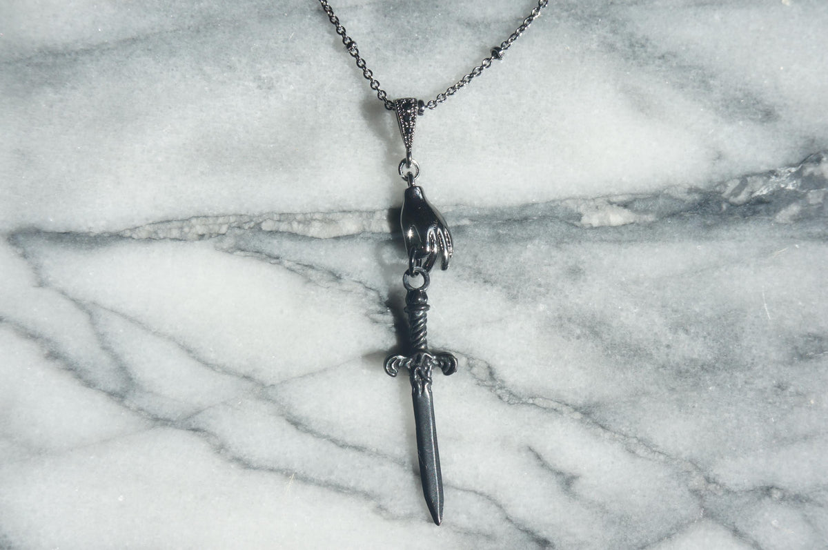 Gold/Silver Queen of Swords Tarot Necklace / Dagger Necklace / Tarot hand Dainty Necklace