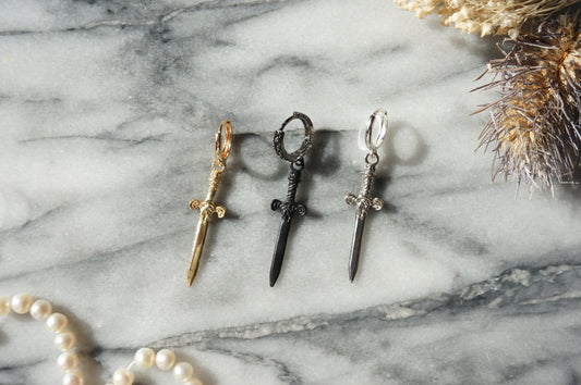 Gold/Silver Antique Dagger SINGLE Huggie Hoop Earring / Tarot Sword Earring SINGLE