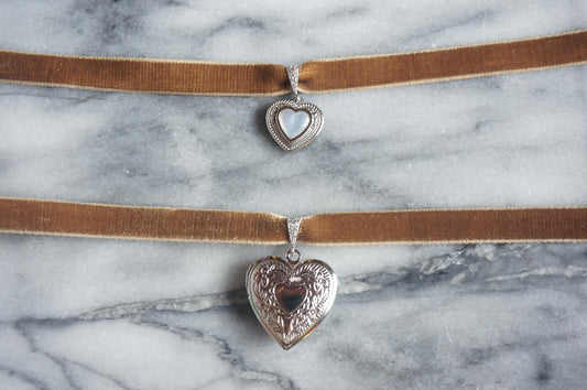 Silver Heart locket / pearl heart Brown stretch velvet choker