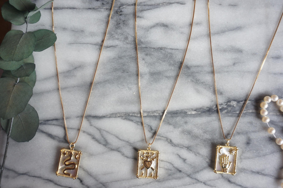Gold Tarot card mother of pearl necklaces / Three of swords/ The Snake/ The fortune