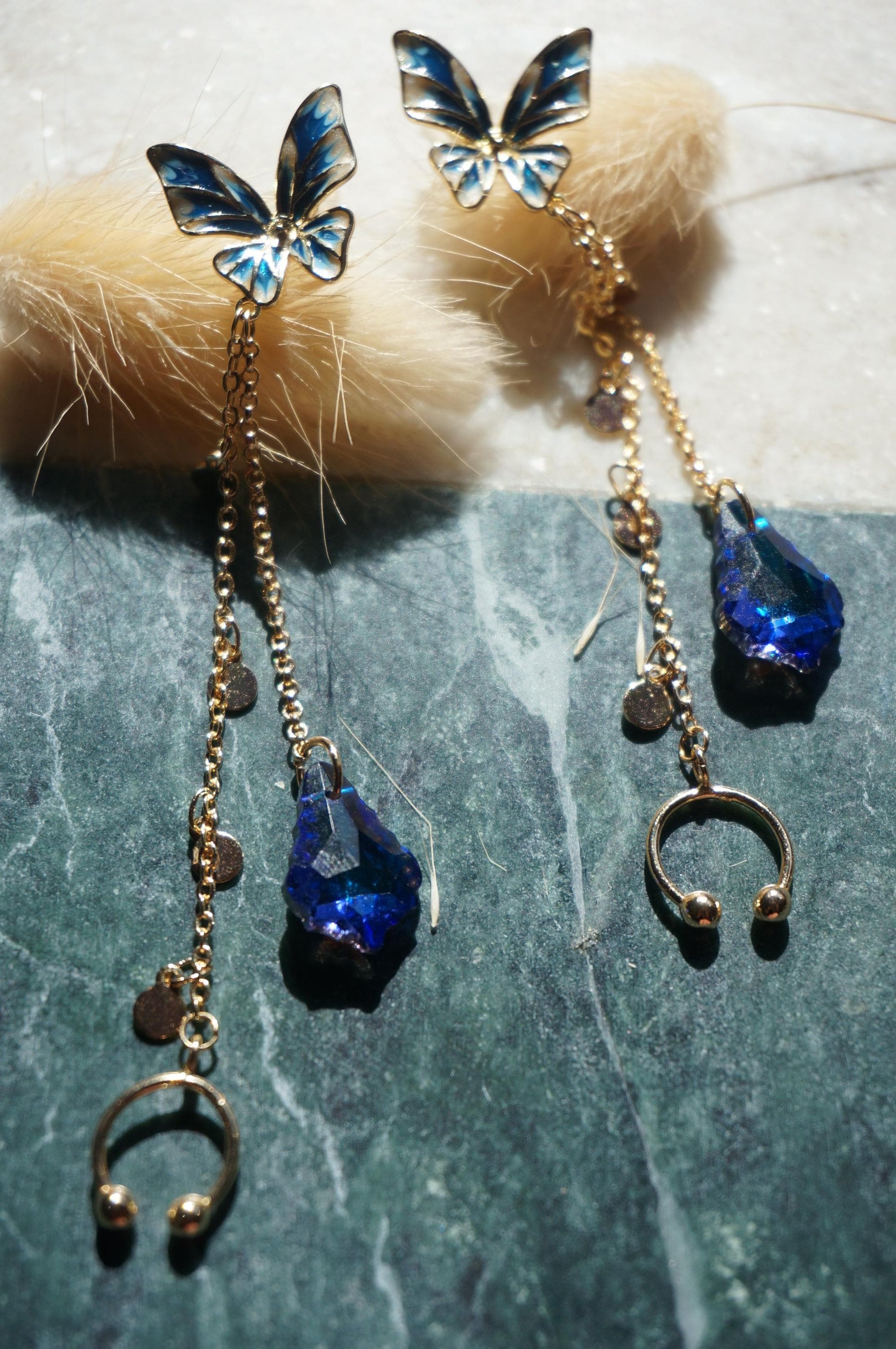 Maeve Faerie blue butterfly cuff earrings with blue iridescent crystal / Fairy earrings