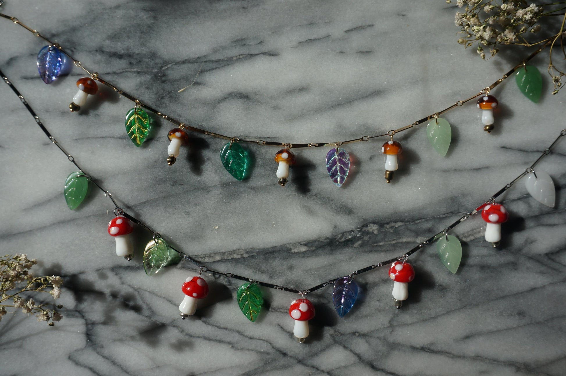 Shroompetal Brown and red Mushroom and leaves cluster necklace / gold and silver / fairycore mushroom necklace / fae festival necklace