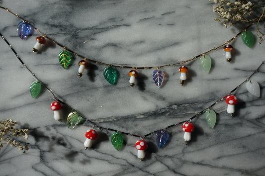 Shroompetal Brown and red Mushroom and leaves cluster necklace / gold and silver / fairycore mushroom necklace / fae festival necklace