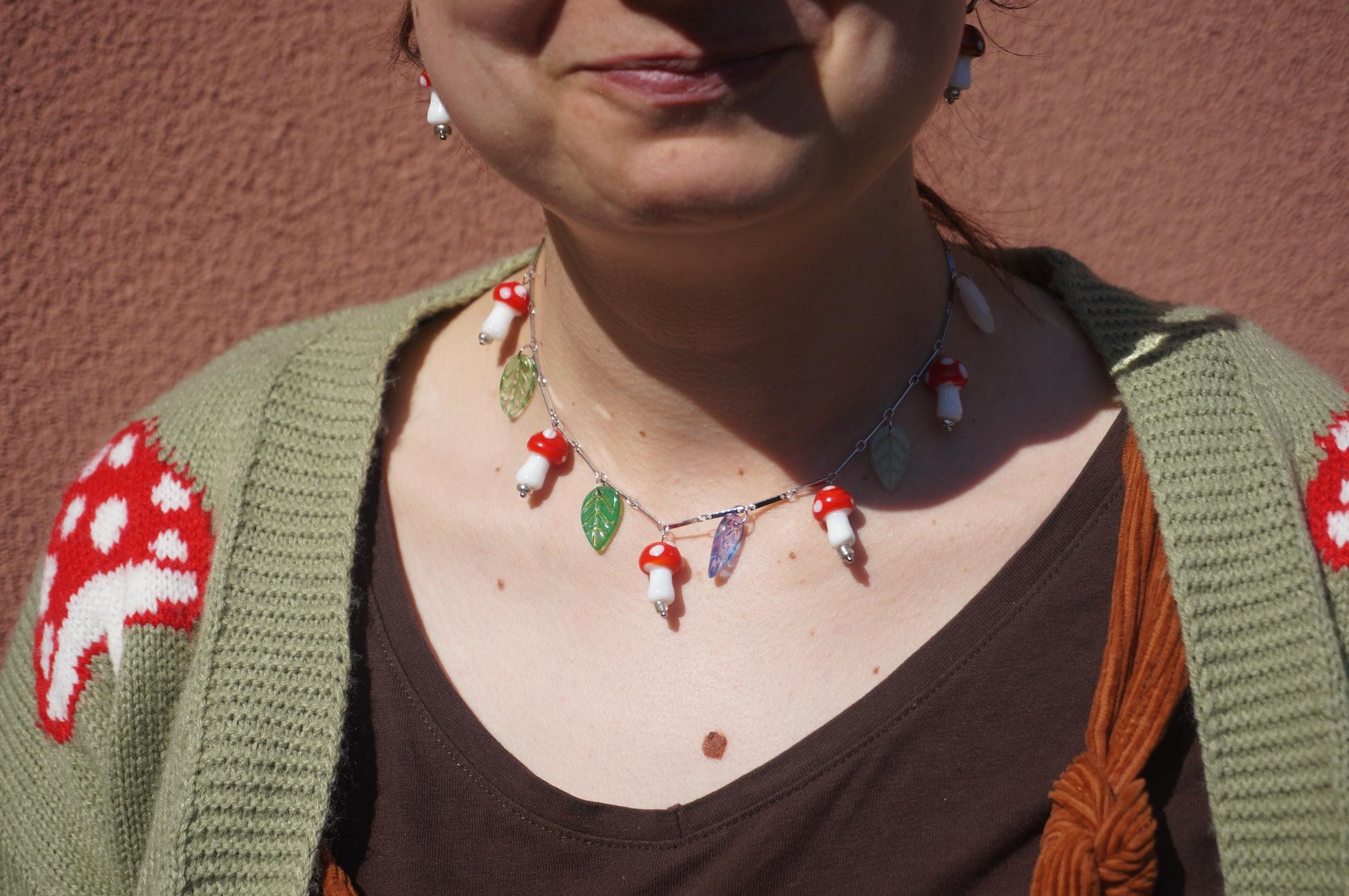 Shroompetal Brown and red Mushroom and leaves cluster necklace / gold and silver / fairycore mushroom necklace / fae festival necklace