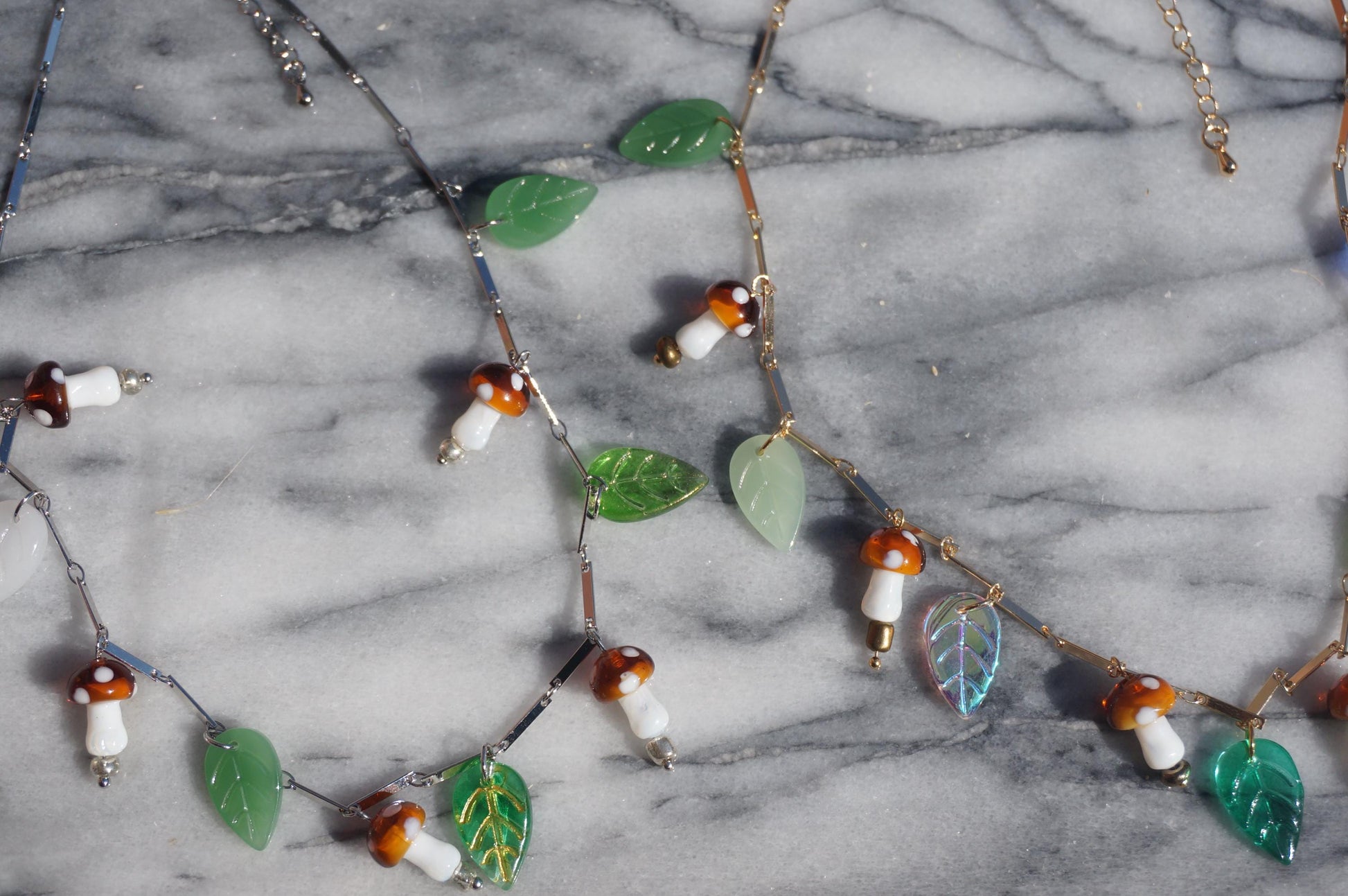 Shroompetal Brown and red Mushroom and leaves cluster necklace / gold and silver / fairycore mushroom necklace / fae festival necklace