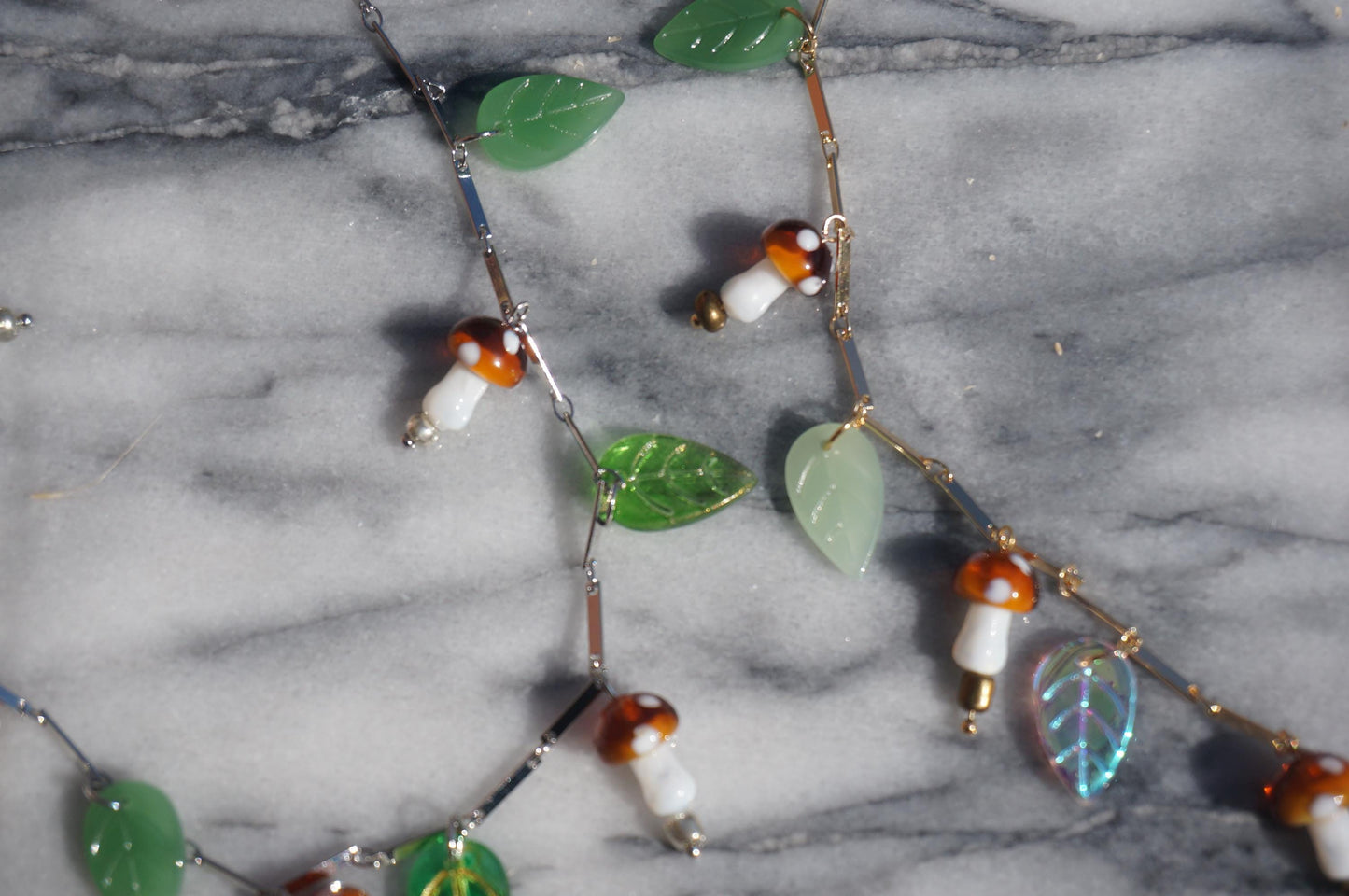 Shroompetal Brown and red Mushroom and leaves cluster necklace / gold and silver / fairycore mushroom necklace / fae festival necklace