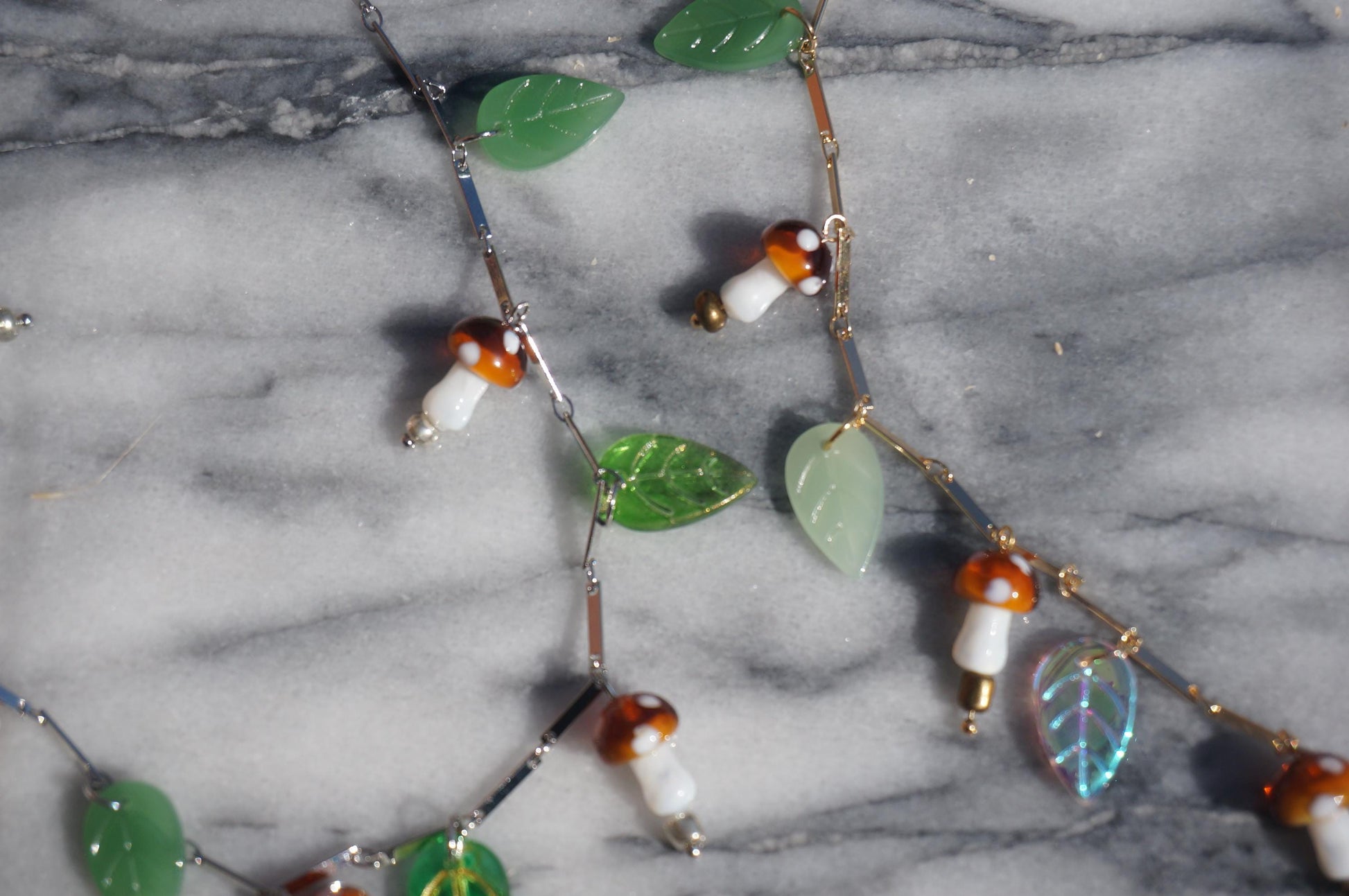Shroompetal Brown and red Mushroom and leaves cluster necklace / gold and silver / fairycore mushroom necklace / fae festival necklace