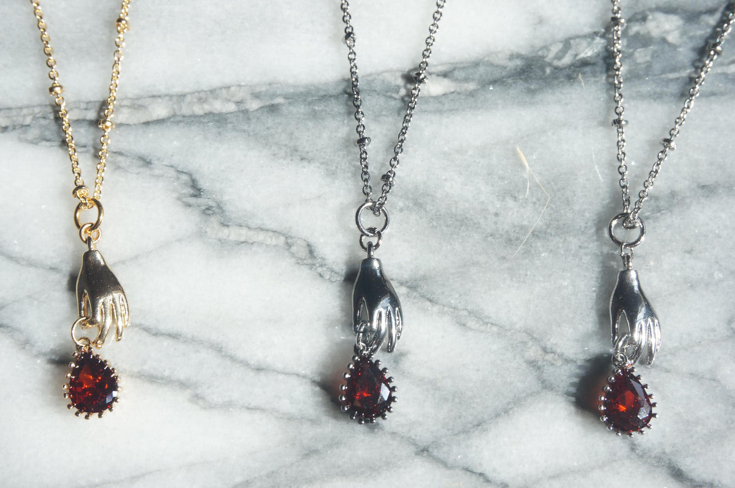 SCARLET Gold/Silver/Gunmetal Dainty Hand and Red Gem Necklace / Hand and Blood Drop Necklace