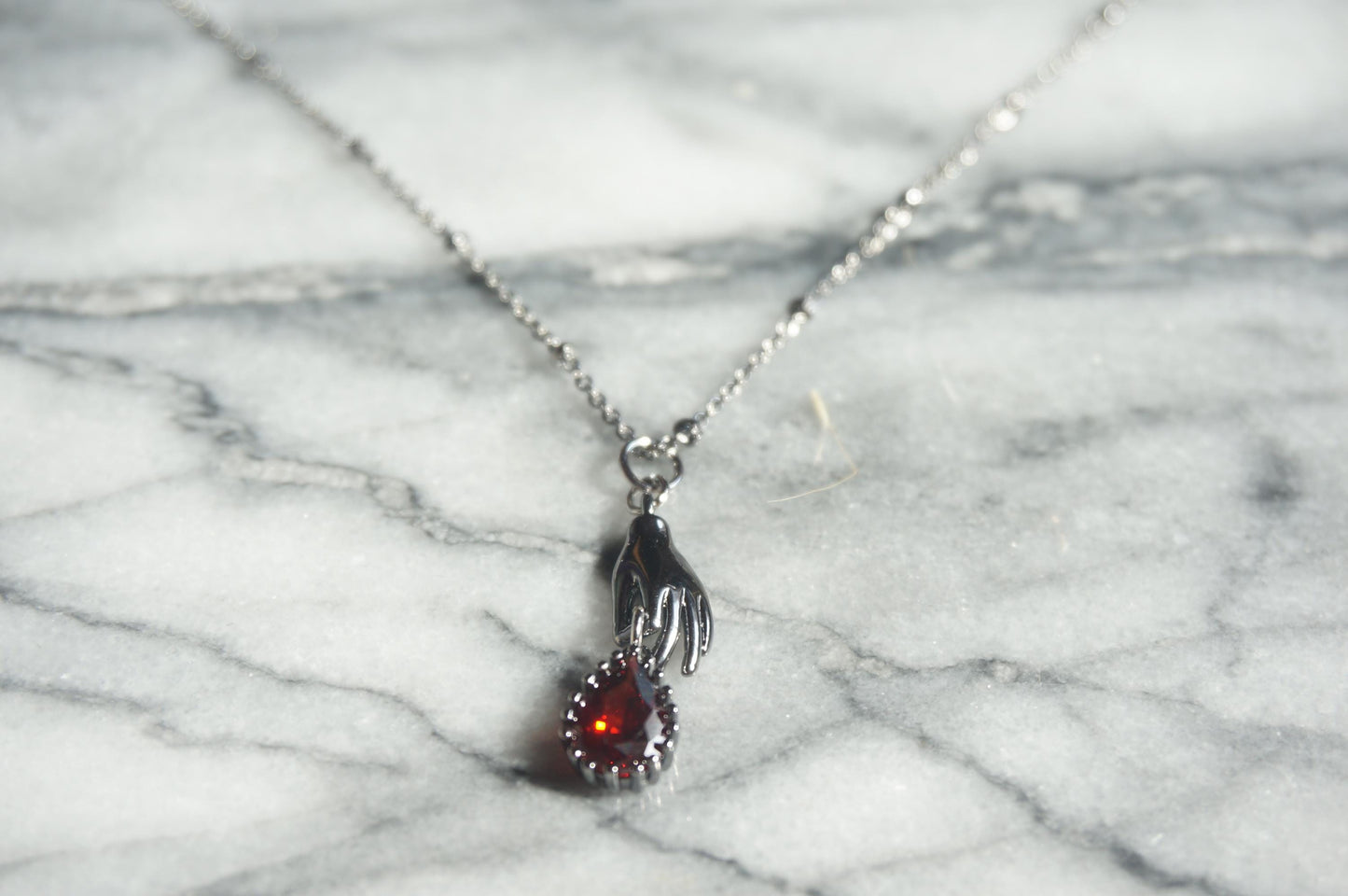 SCARLET Gold/Silver/Gunmetal Dainty Hand and Red Gem Necklace / Hand and Blood Drop Necklace