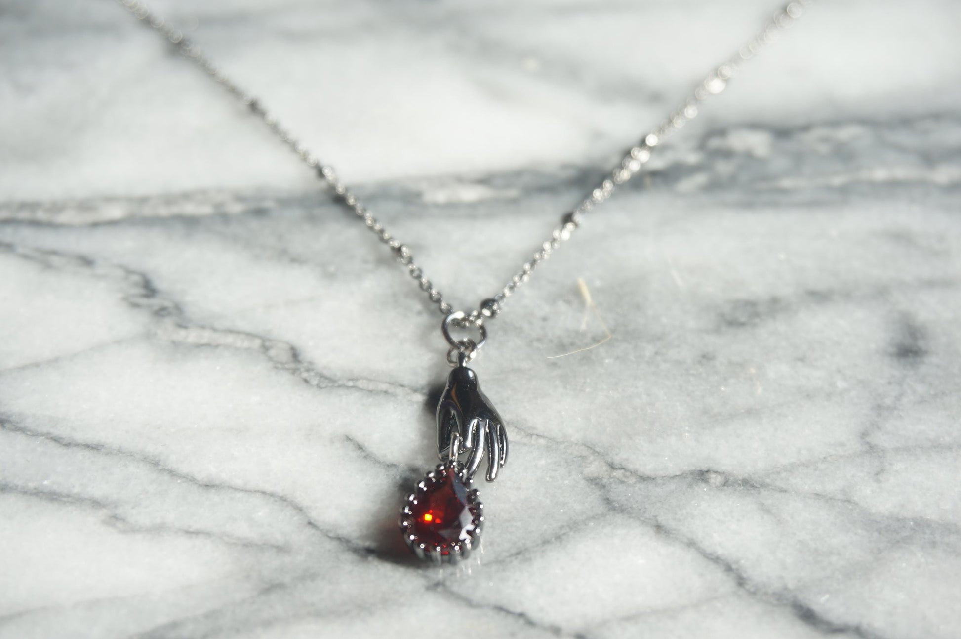 SCARLET Gold/Silver/Gunmetal Dainty Hand and Red Gem Necklace / Hand and Blood Drop Necklace
