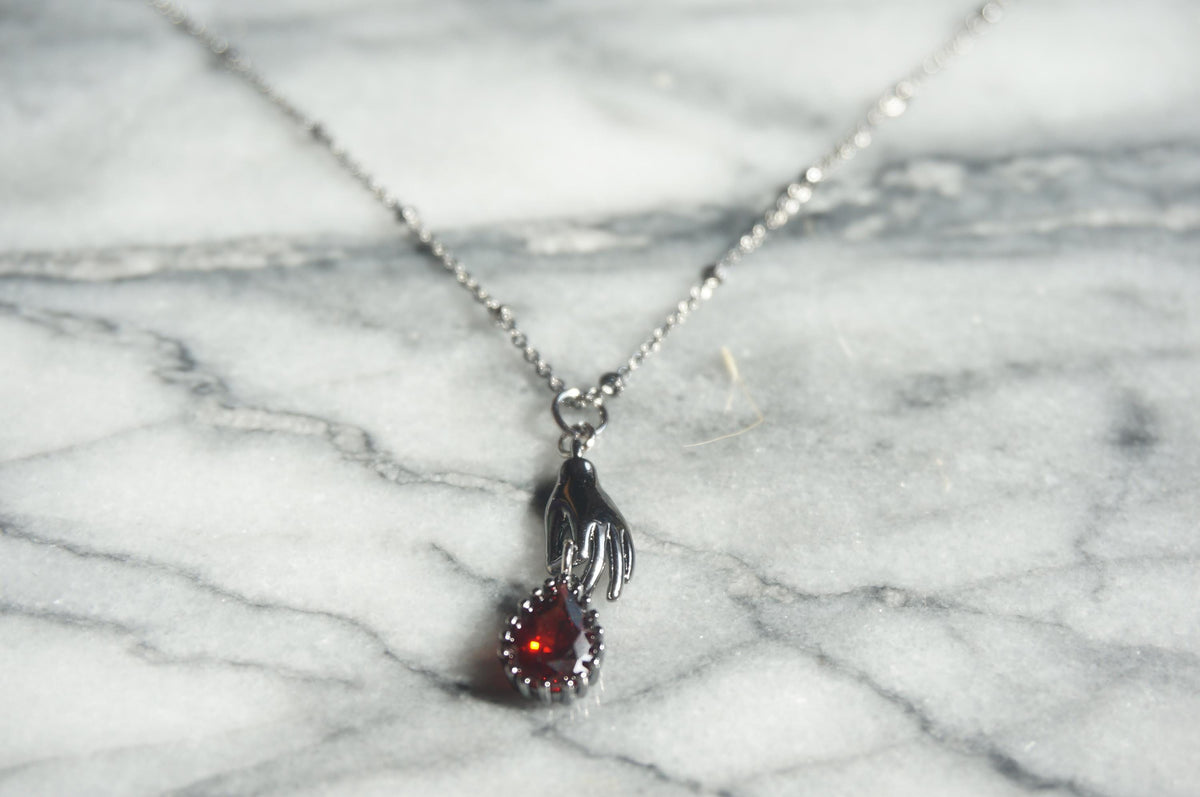 SCARLET Dainty Hand Holding Red Gem Necklace, Gold Plated Brass Satellite Chain