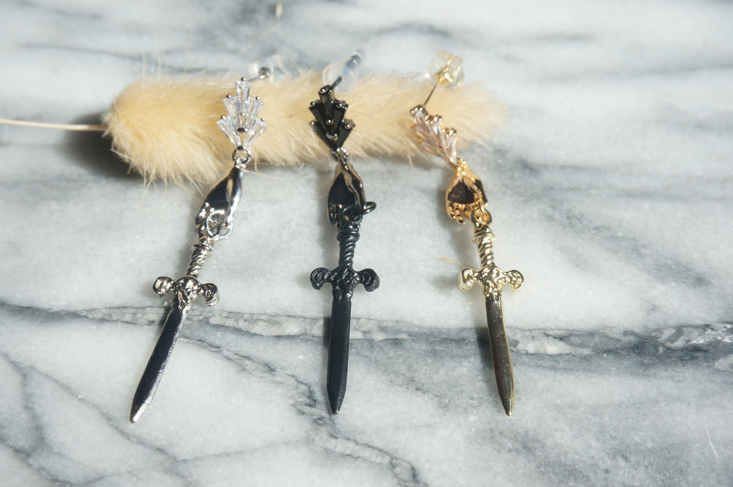 Gold/Silver/Gunmetal Queen of Swords Tarot Earrings / Dagger Earrings / Tarot hand earrings