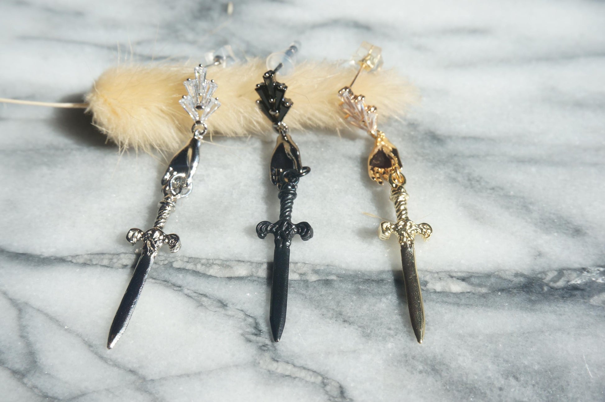 Gold/Silver/Gunmetal Queen of Swords Tarot Earrings / Dagger Earrings / Tarot hand earrings