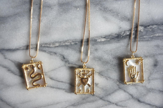 Gold Tarot card mother of pearl necklaces / Three of swords/ The Snake/ The fortune