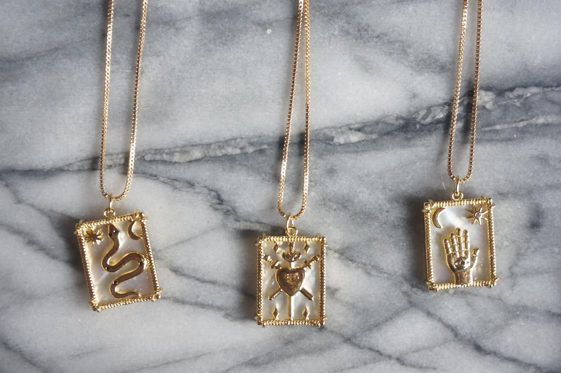Gold Tarot card mother of pearl necklaces / Three of swords/ The Snake/ The fortune