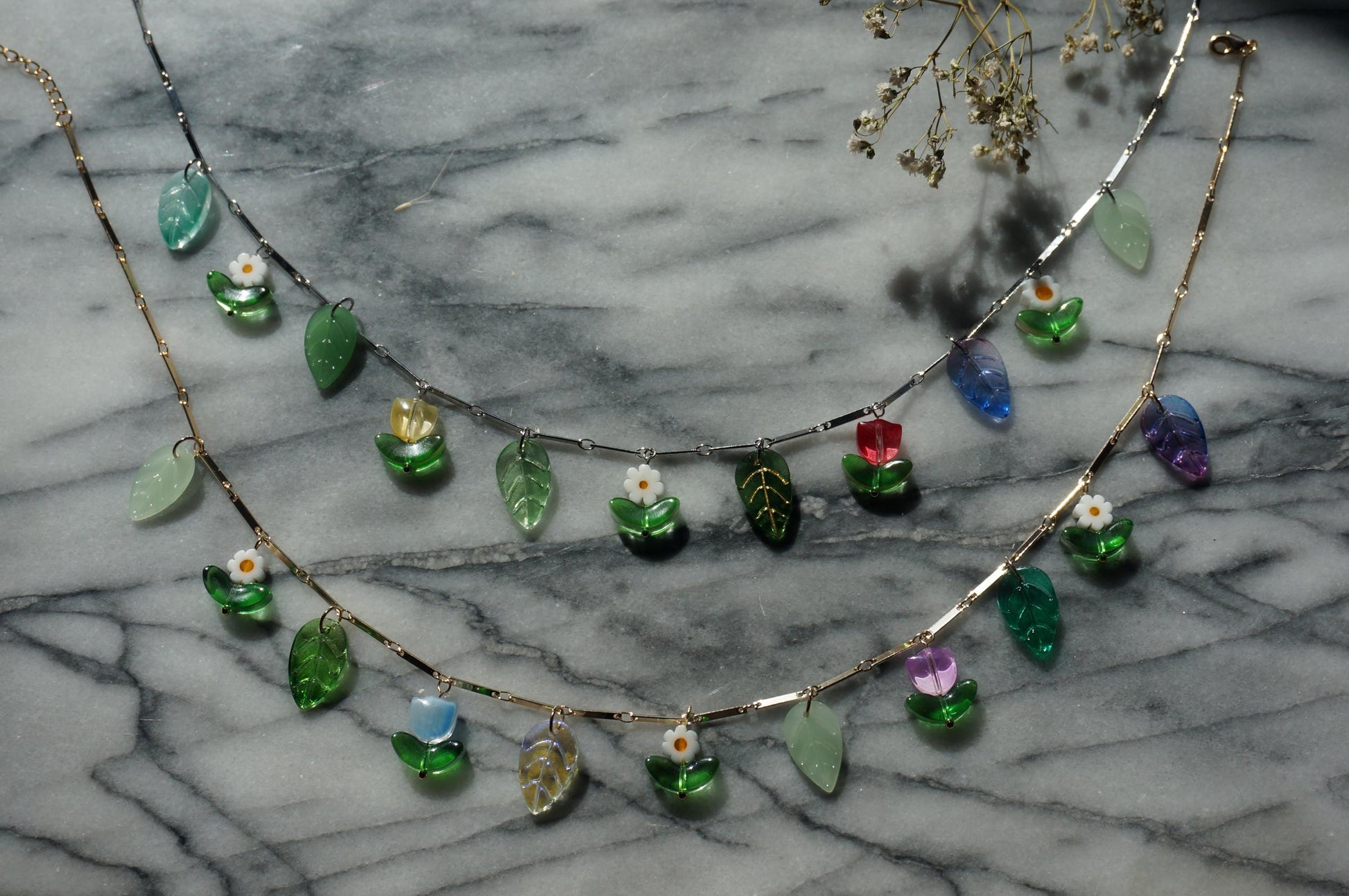FLORA flowers and leaves cluster necklace Gold/Silver / Fairycore necklace / faerie necklace