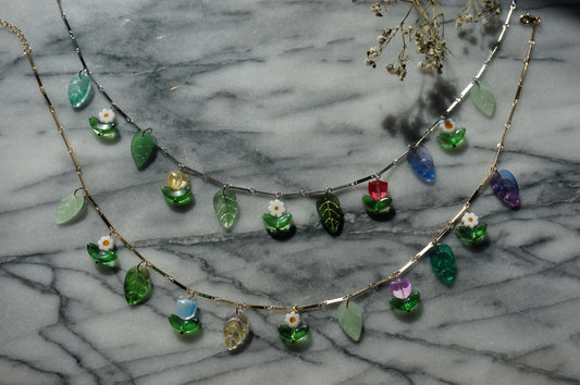 FLORA flowers and leaves cluster necklace Gold/Silver / Fairycore necklace / faerie necklace