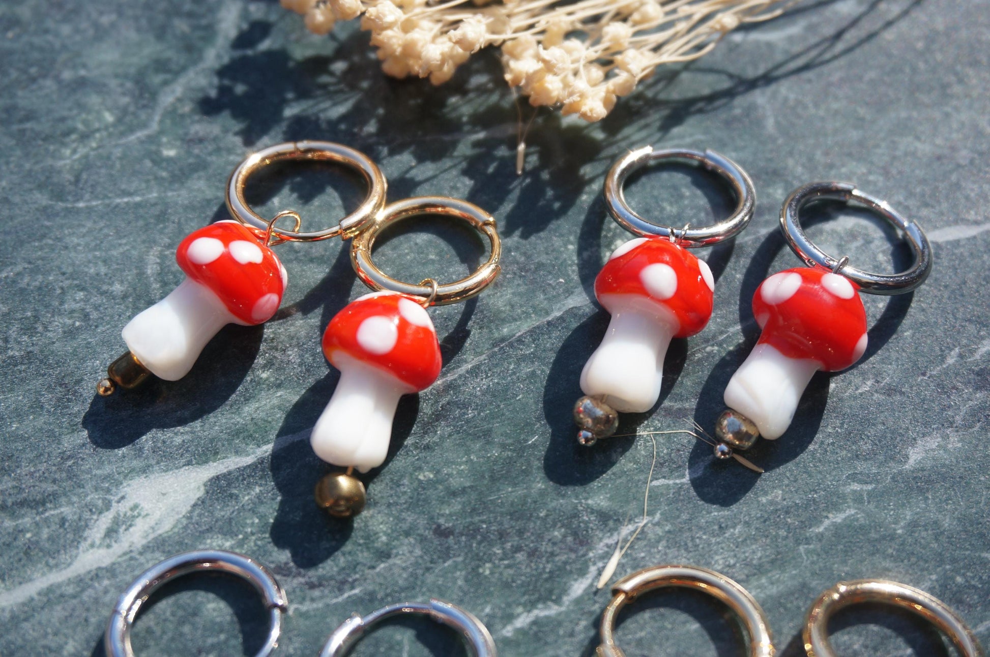 Brown/Red Mushroom Hoop Earrings / Fairycore Mushroom huggie earrings / faerie Earrings / Gold Silver Mushroom Festival Earrings