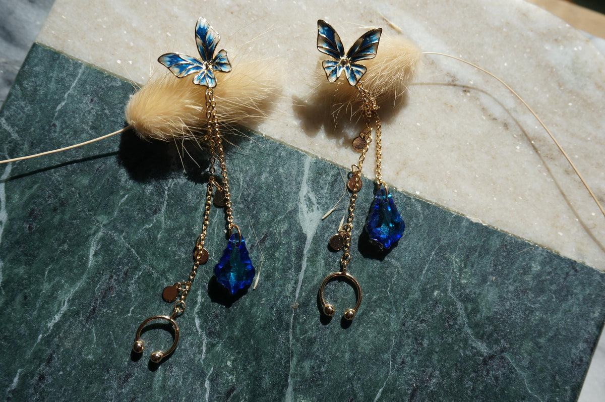 MAEVE Ethereal Blue Butterfly Cuff Earrings – 18k Gold Plated Brass, Sterling Silver