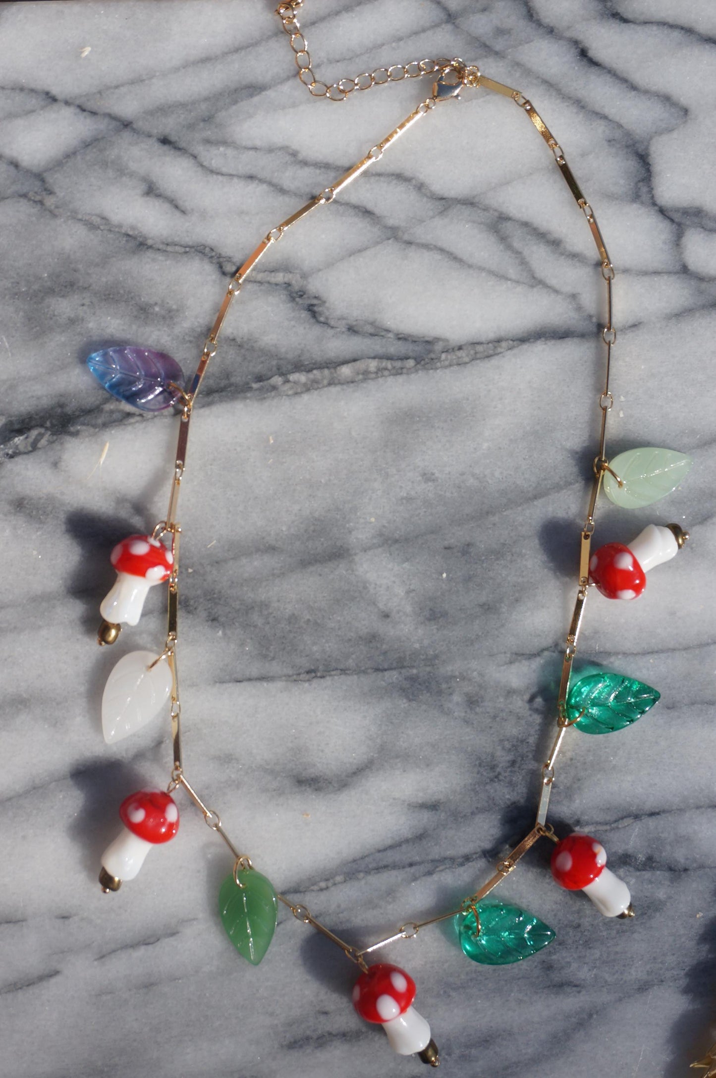 Shroompetal Brown and red Mushroom and leaves cluster necklace / gold and silver / fairycore mushroom necklace / fae festival necklace