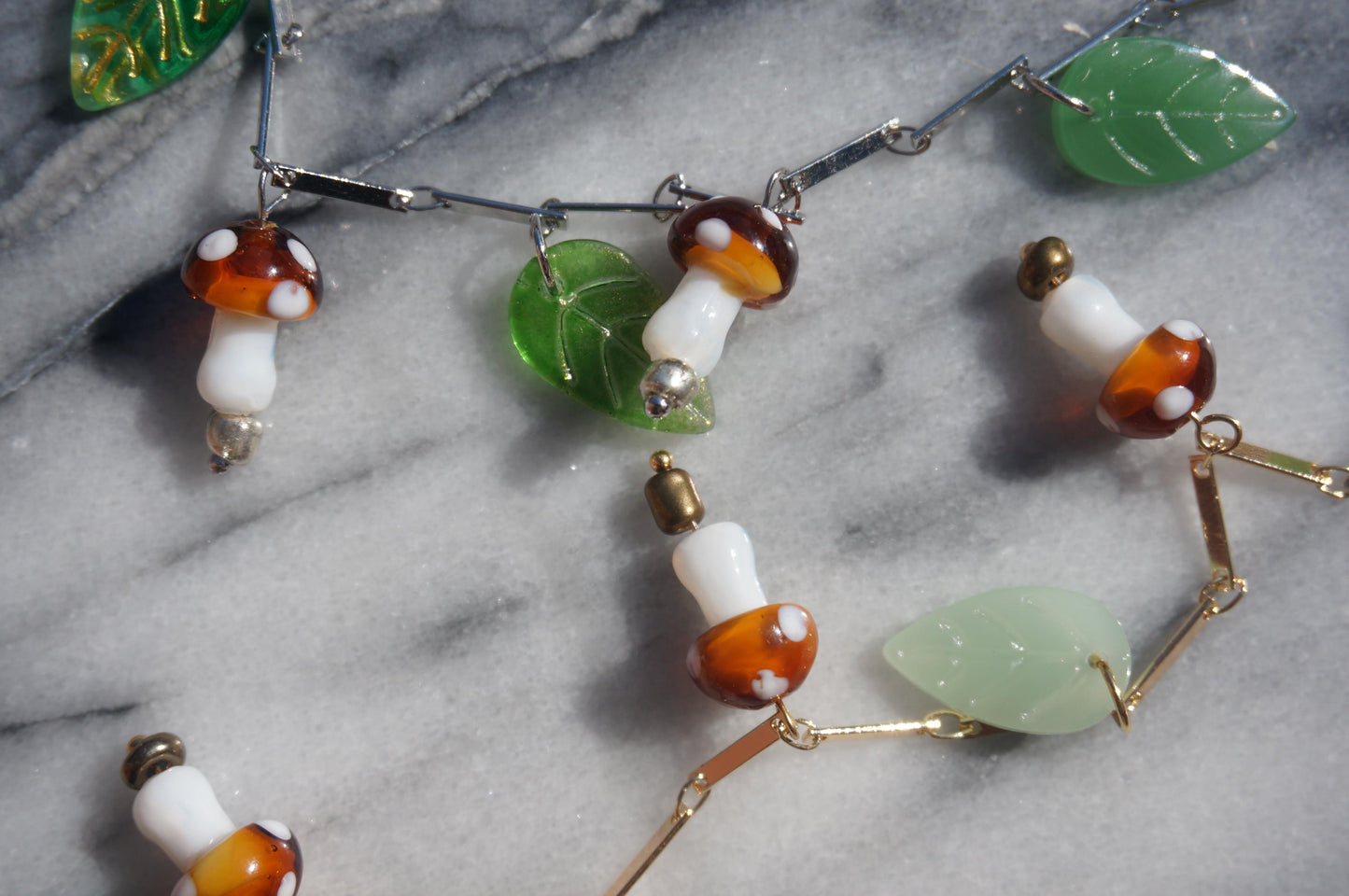 Shroompetal Brown and red Mushroom and leaves cluster necklace / gold and silver / fairycore mushroom necklace / fae festival necklace