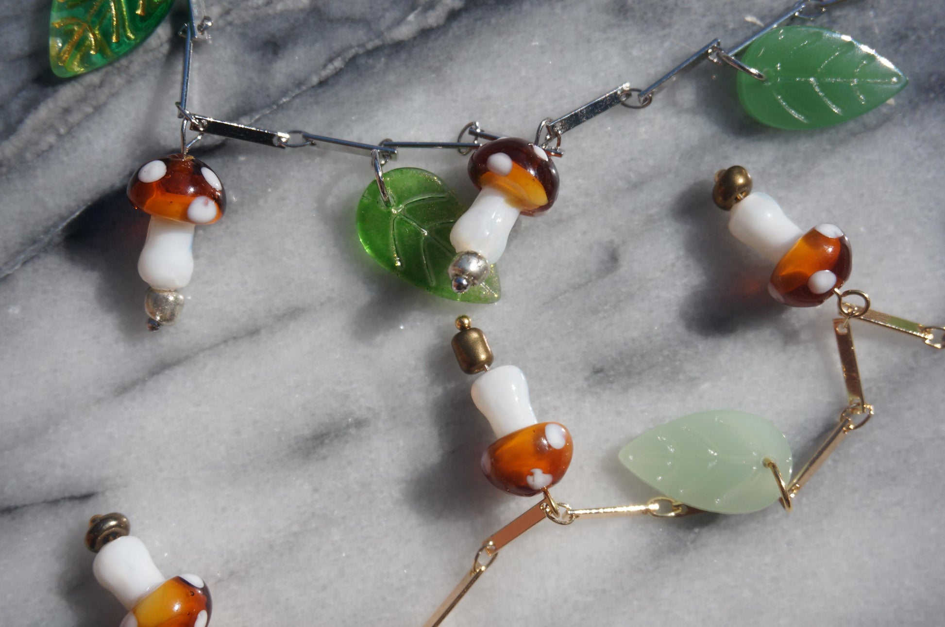 Shroompetal Brown and red Mushroom and leaves cluster necklace / gold and silver / fairycore mushroom necklace / fae festival necklace
