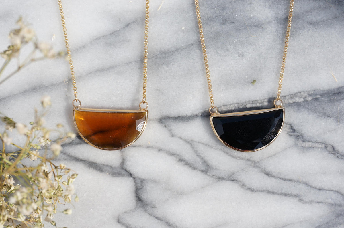 Glass Half Moon Necklace / Black Brown / Geometric Gold Necklace