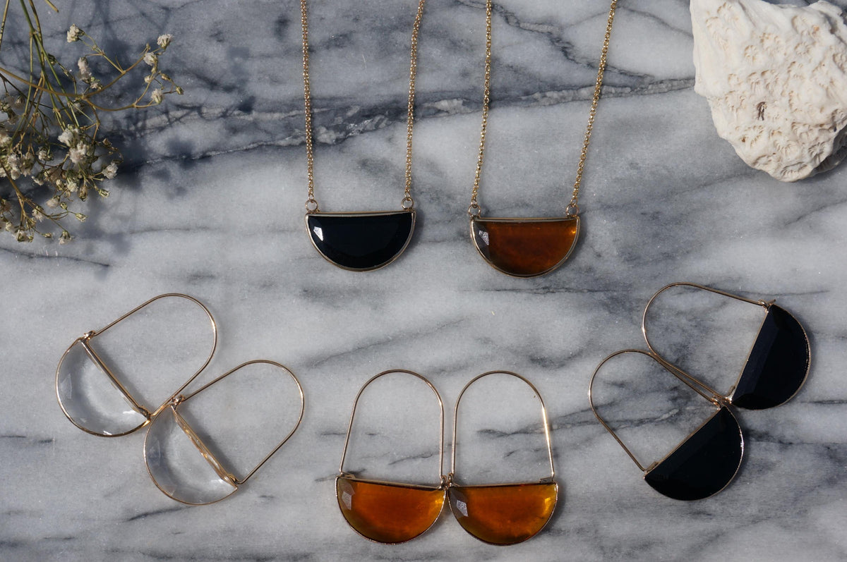 Glass Half Moon Necklace / Black Brown / Geometric Gold Necklace