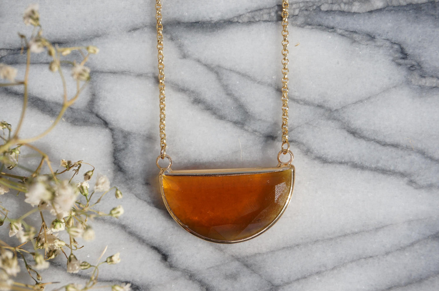 Glass Half Moon Necklace / Black Brown / Geometric Gold Necklace