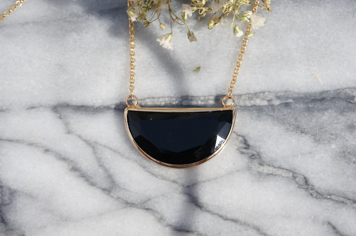 Glass Half Moon Necklace / Black Brown / Geometric Gold Necklace
