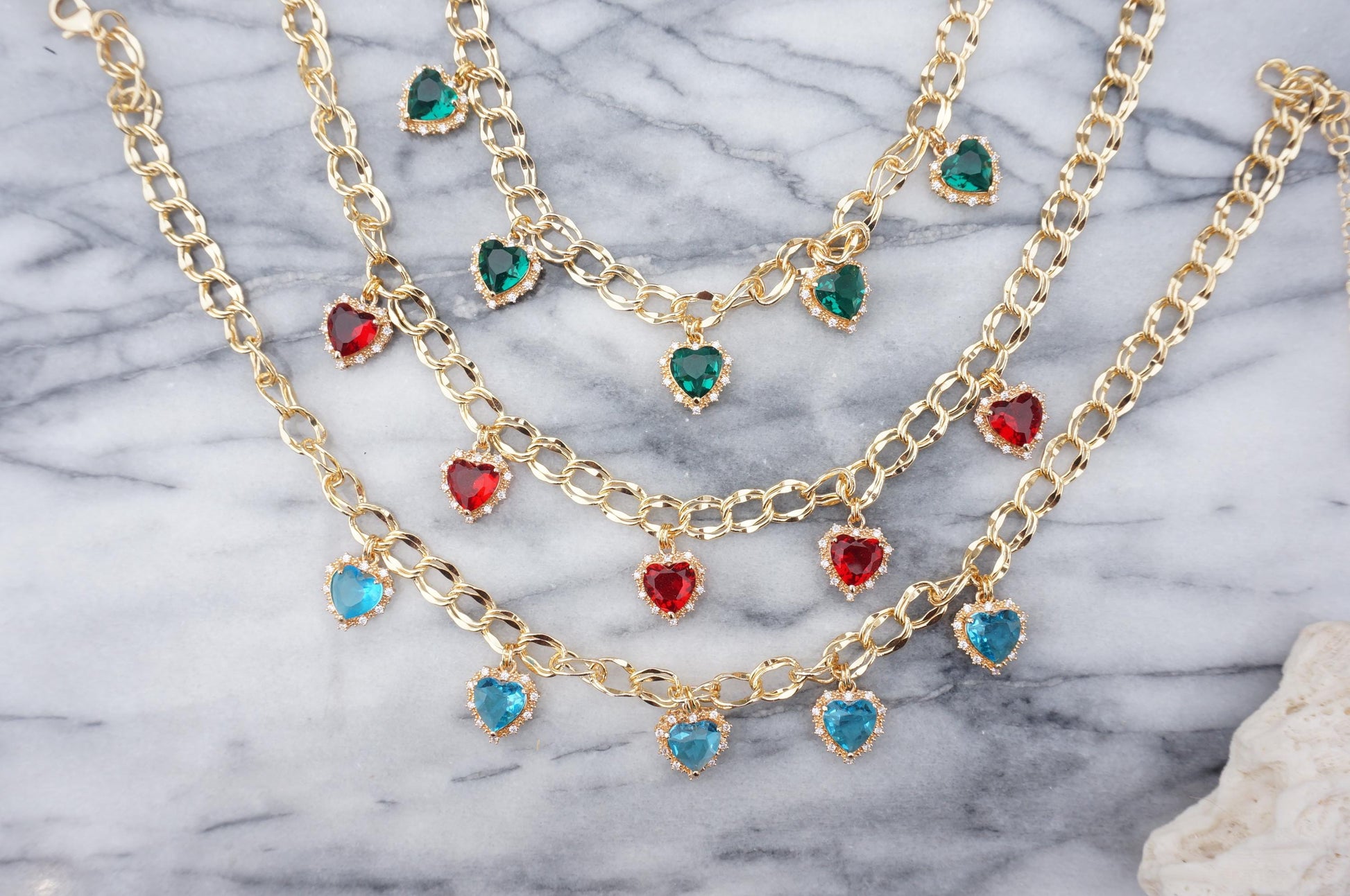 AMO Red/Green/Blue Heart Charms Chunky Gold Necklace