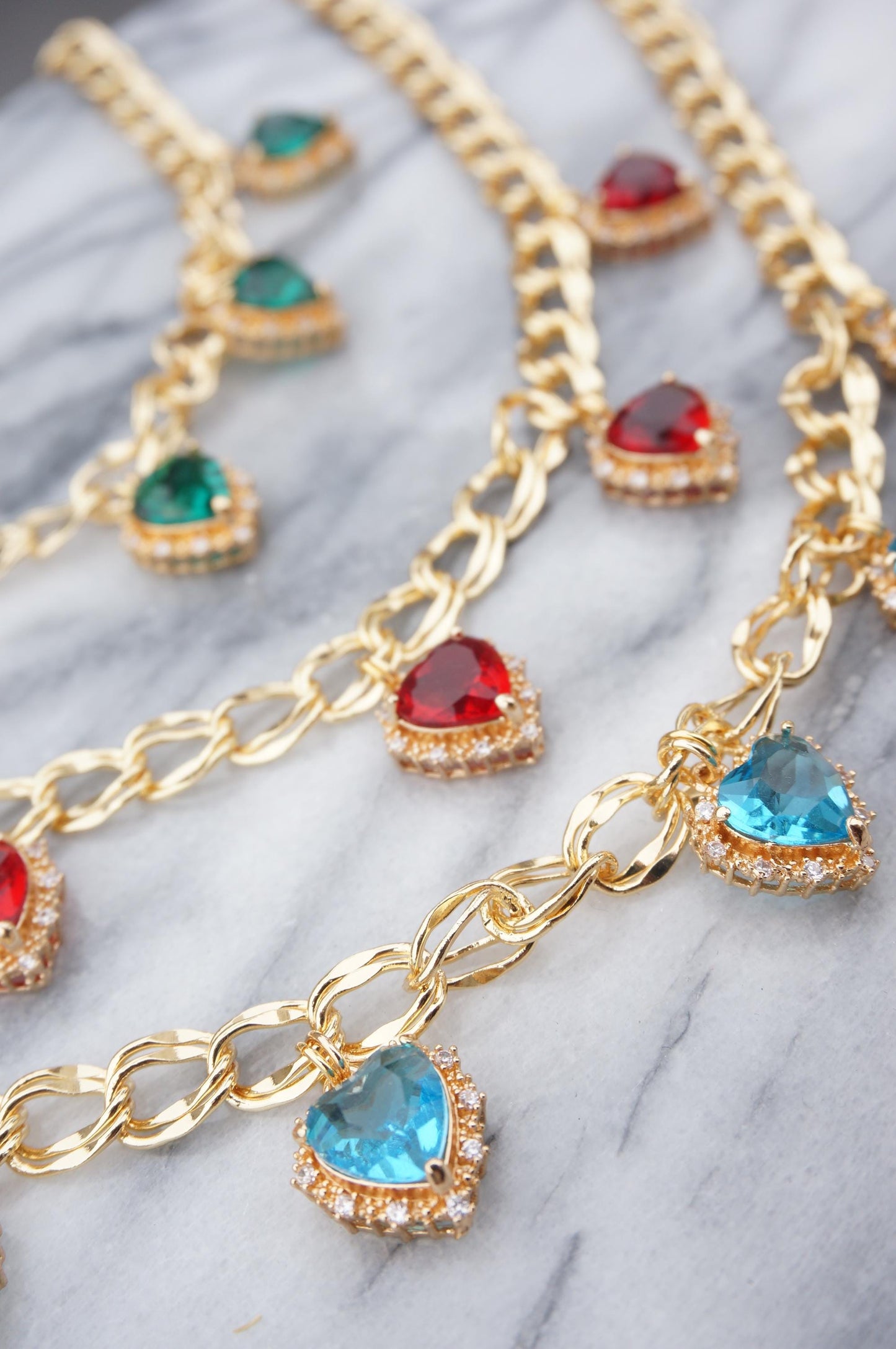 AMO Red/Green/Blue Heart Charms Chunky Gold Necklace