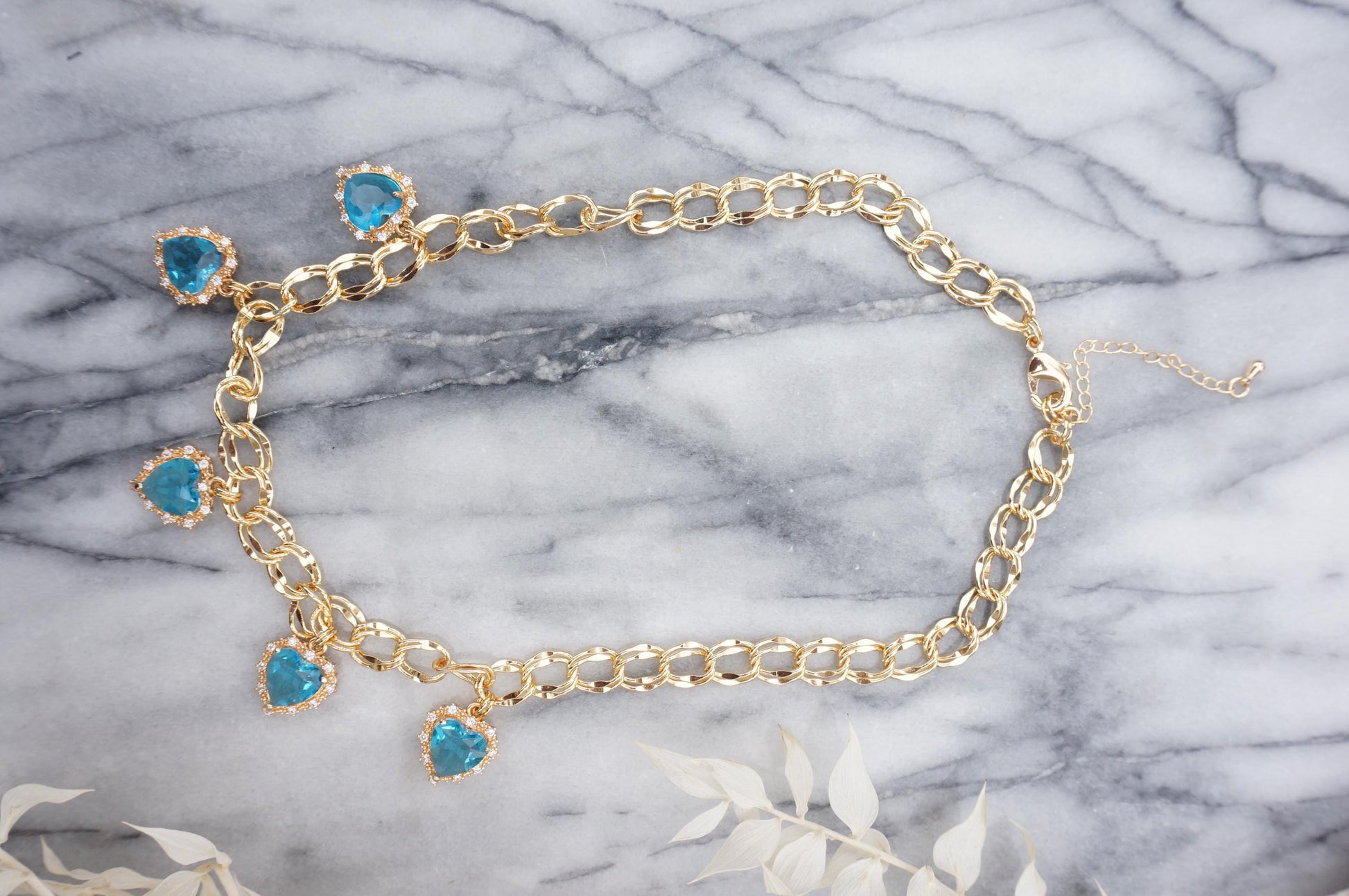 AMO Red/Green/Blue Heart Charms Chunky Gold Necklace