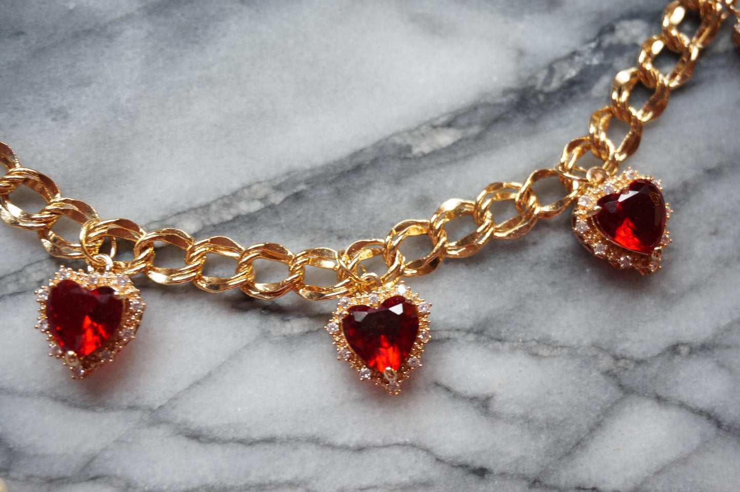 AMO Red/Green/Blue Heart Charms Chunky Gold Necklace