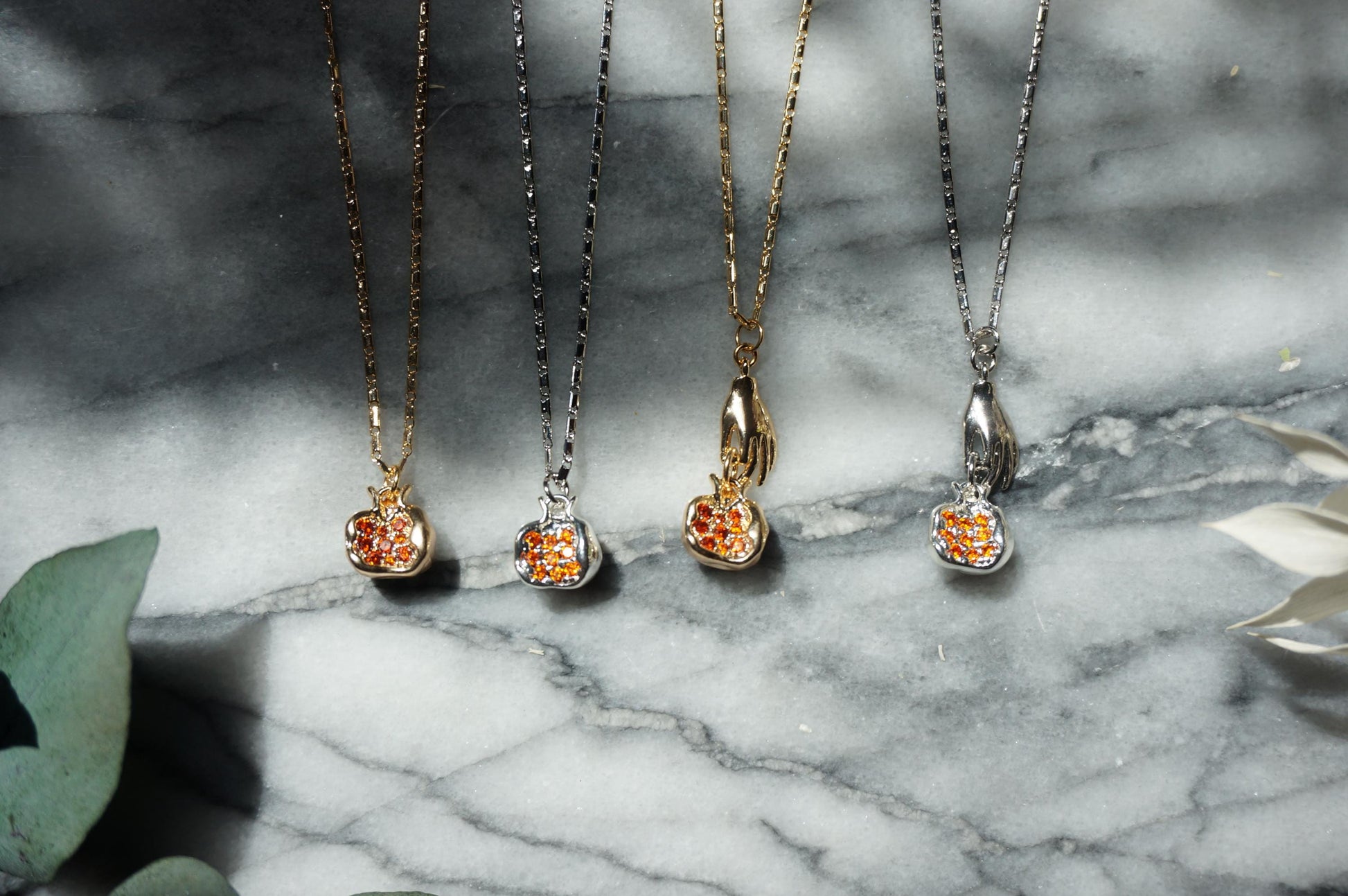 PERSEPHONE Pomegranate/ Hand holding Pomegranate Necklace Gold/Silver / Fruit Necklace