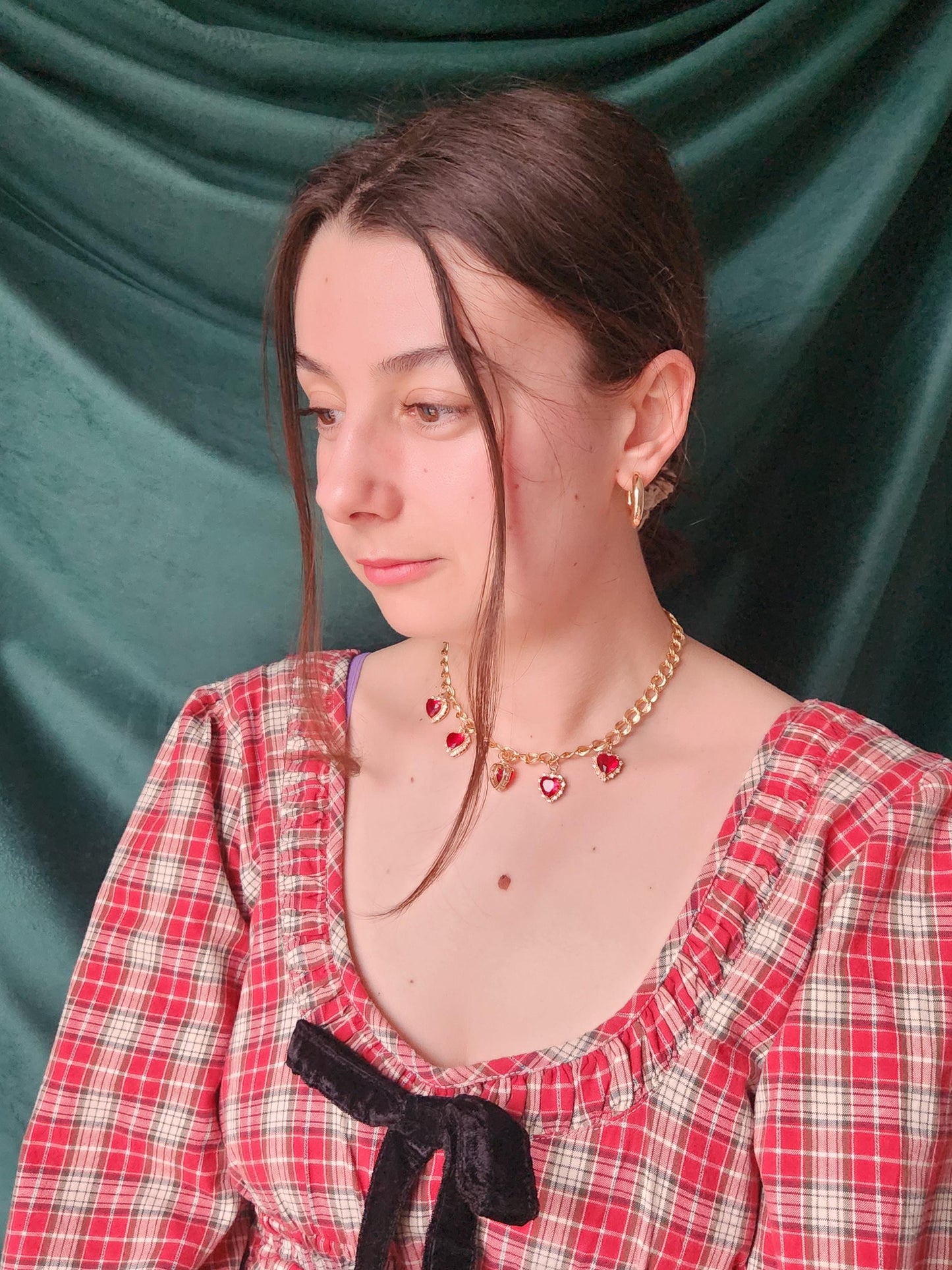 AMO Red/Green/Blue Heart Charms Chunky Gold Necklace