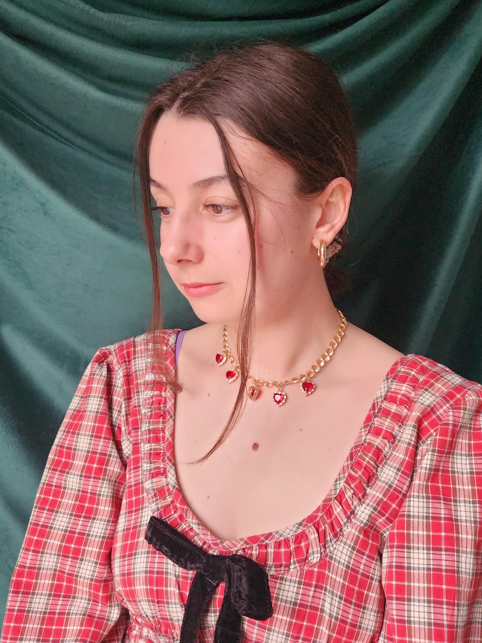 AMO Red/Green/Blue Heart Charms Chunky Gold Necklace