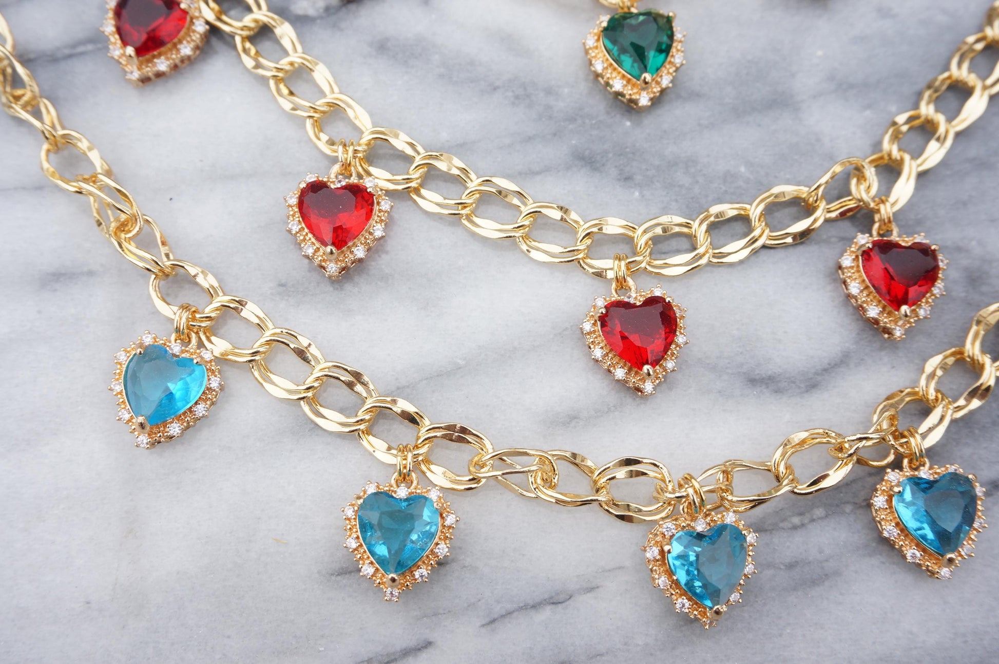 AMO Red/Green/Blue Heart Charms Chunky Gold Necklace