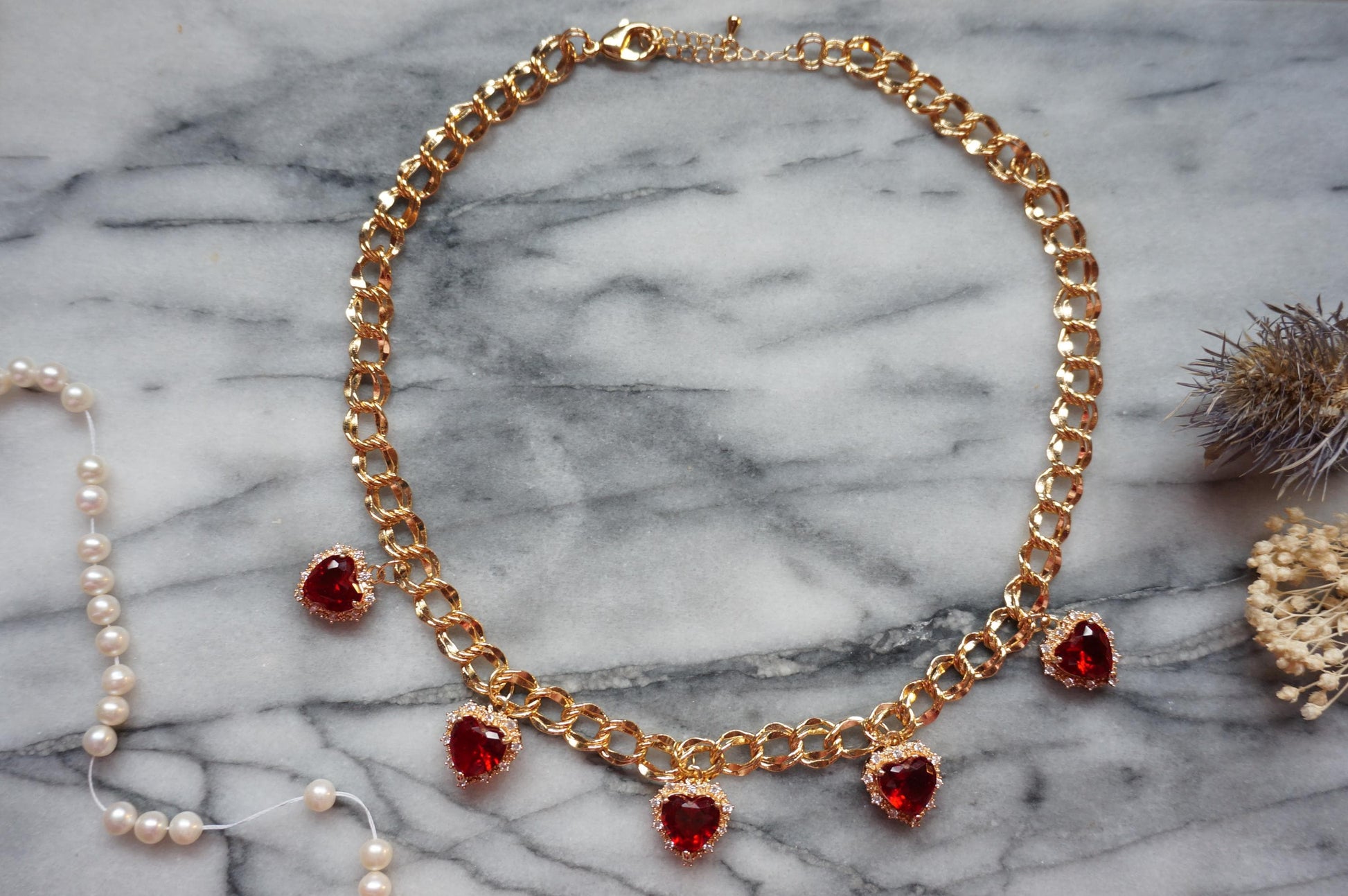 AMO Red/Green/Blue Heart Charms Chunky Gold Necklace