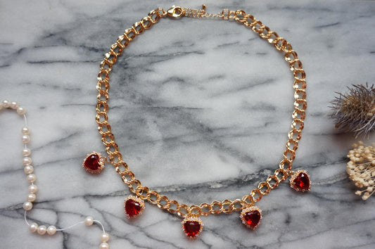 AMO Red/Green/Blue Heart Charms Chunky Gold Necklace