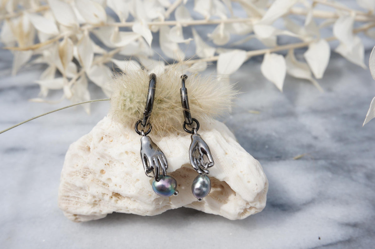 HAND-PICKED Teardrop Baroque Pearl and hand Hoop Earrings / Freshwater Pearl/peacock dyed Unique Hoop Earrings