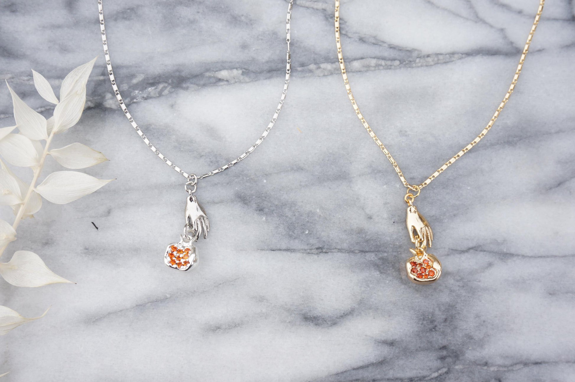 PERSEPHONE Pomegranate/ Hand holding Pomegranate Necklace Gold/Silver / Fruit Necklace