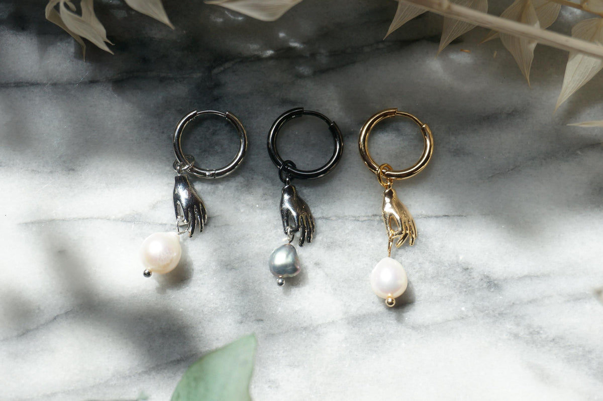 HAND-PICKED Teardrop Baroque Pearl and hand Hoop Earrings / Freshwater Pearl/peacock dyed Unique Hoop Earrings