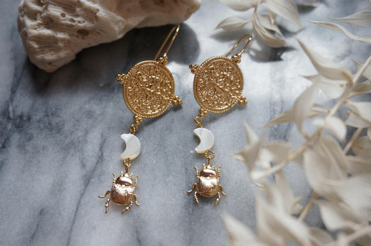 KHONSU Gold Moon and Scarab Earrings/ Mother of Pearl Moon Beads