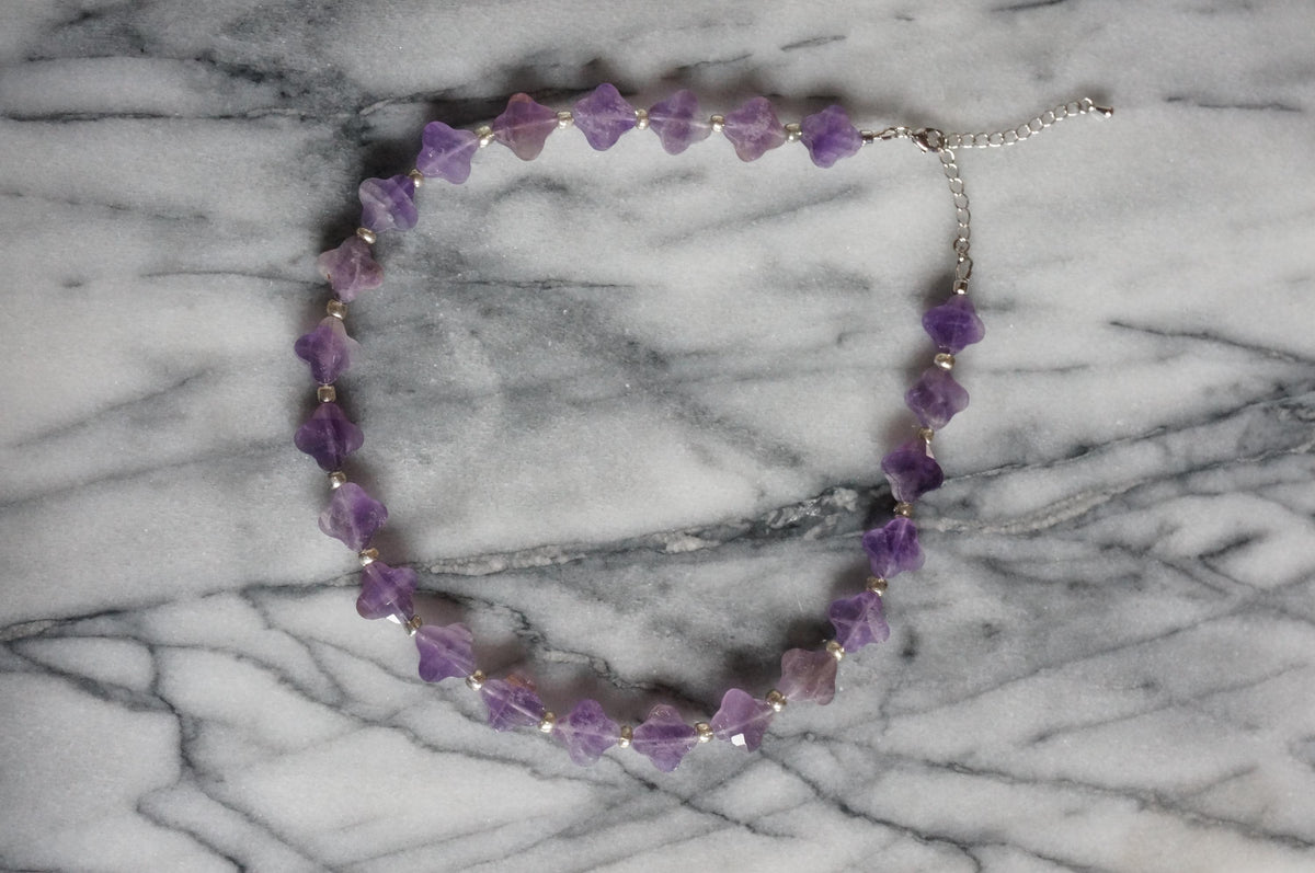 Semi-Precious Clover Bead Strand Necklace, Amethyst, Tiger Eye, Indian Agate