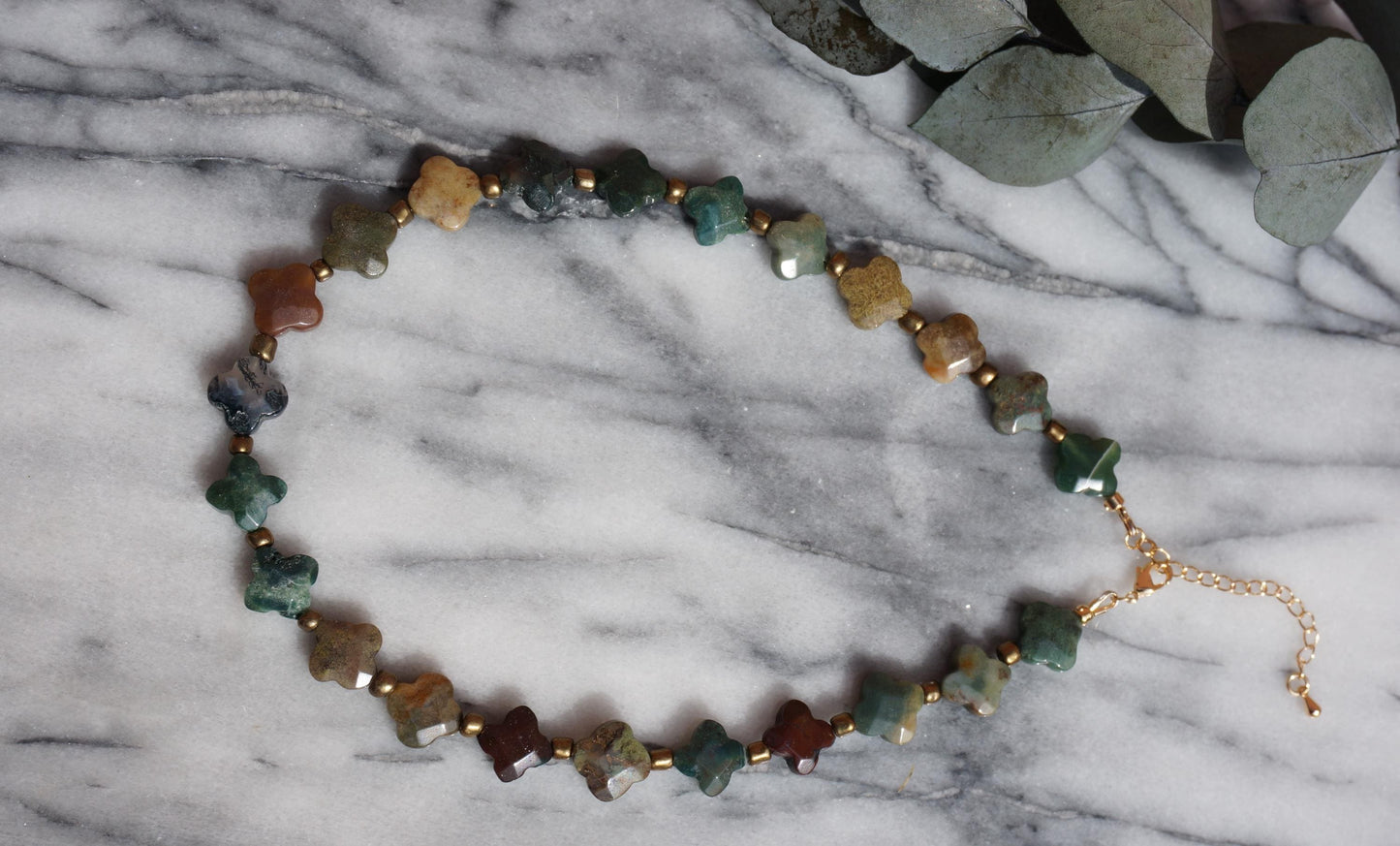 Semi-precious Stone Clover Bead Strand Necklaces / Green, Brown, Purple Stone Bead Necklaces