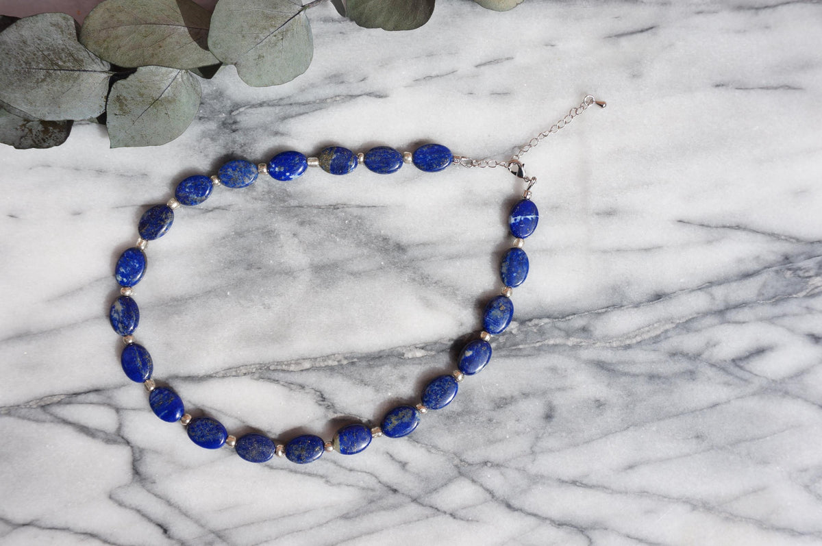 Lapis Lazuli and Rainbow Moonstone Oval Bead Necklaces, Gold Plated Brass, 35cm+6cm Extender
