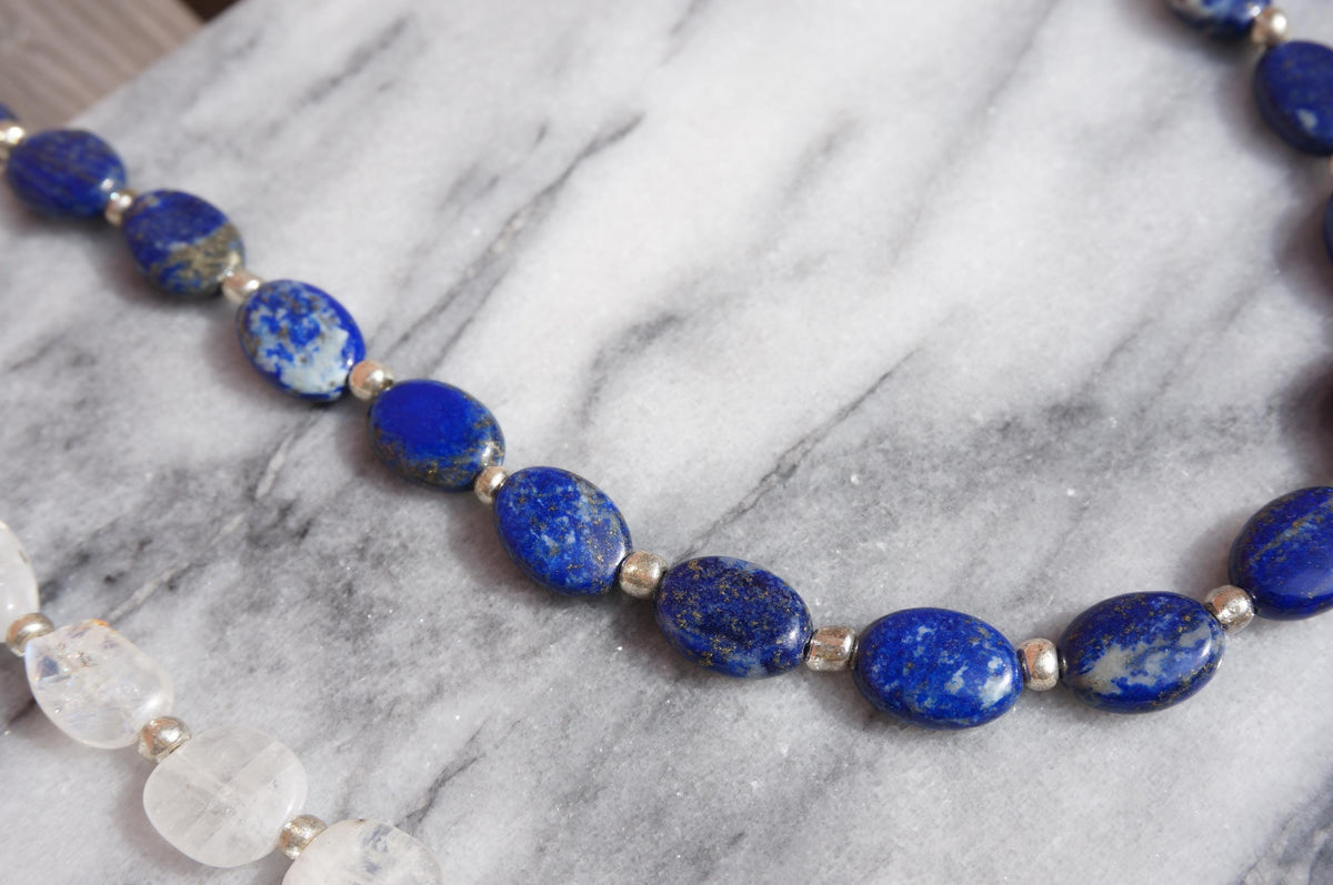 Lapis Lazuli and Rainbow Moonstone Oval Bead Necklaces, Gold Plated Brass, 35cm+6cm Extender